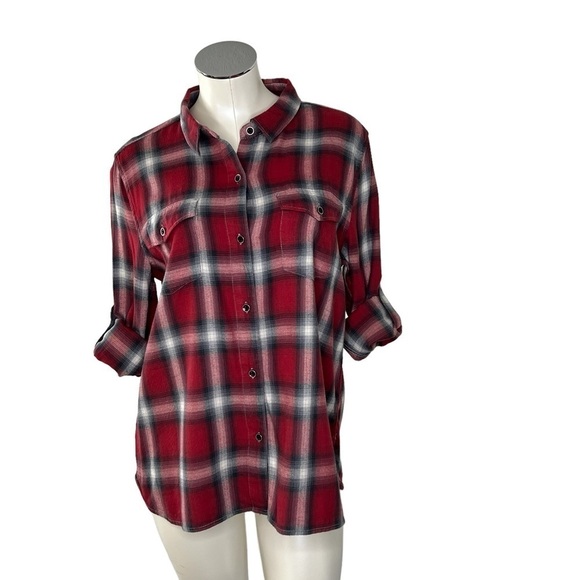 DYLAN Long Sleeve Red Black White Plaid Flannel Shirt Ultra Soft Women's Size M - Picture 2 of 16